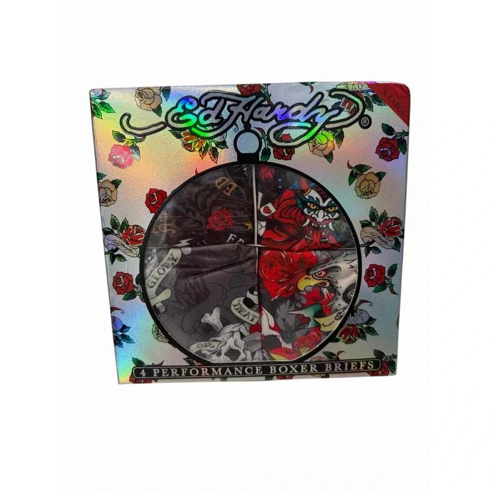 Ed Hardy Men's Performance Boxer Briefs 4-Pack Multicolor X-Large  Gift Box NWT